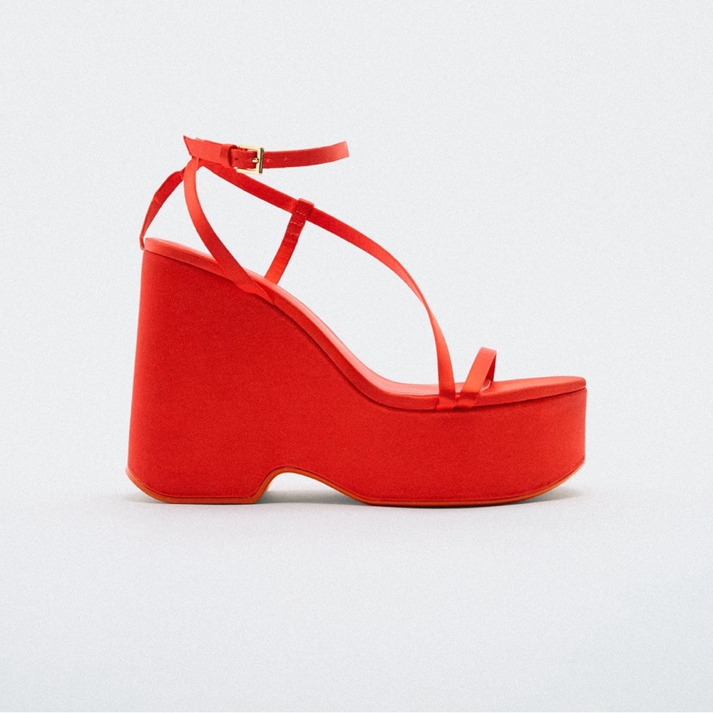 Zara Red Chunky Satin Strap Wedge Sandals